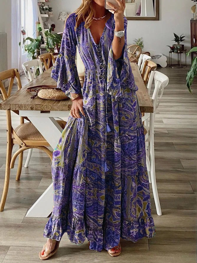 Bohemian Floral Print V-Neck High-Waist Flare-Sleeve Maxi Dress