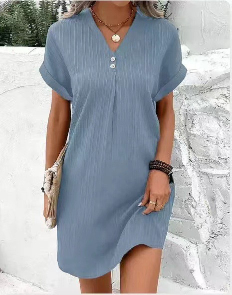 V-Neck Solid Button Pullover Casual Dress