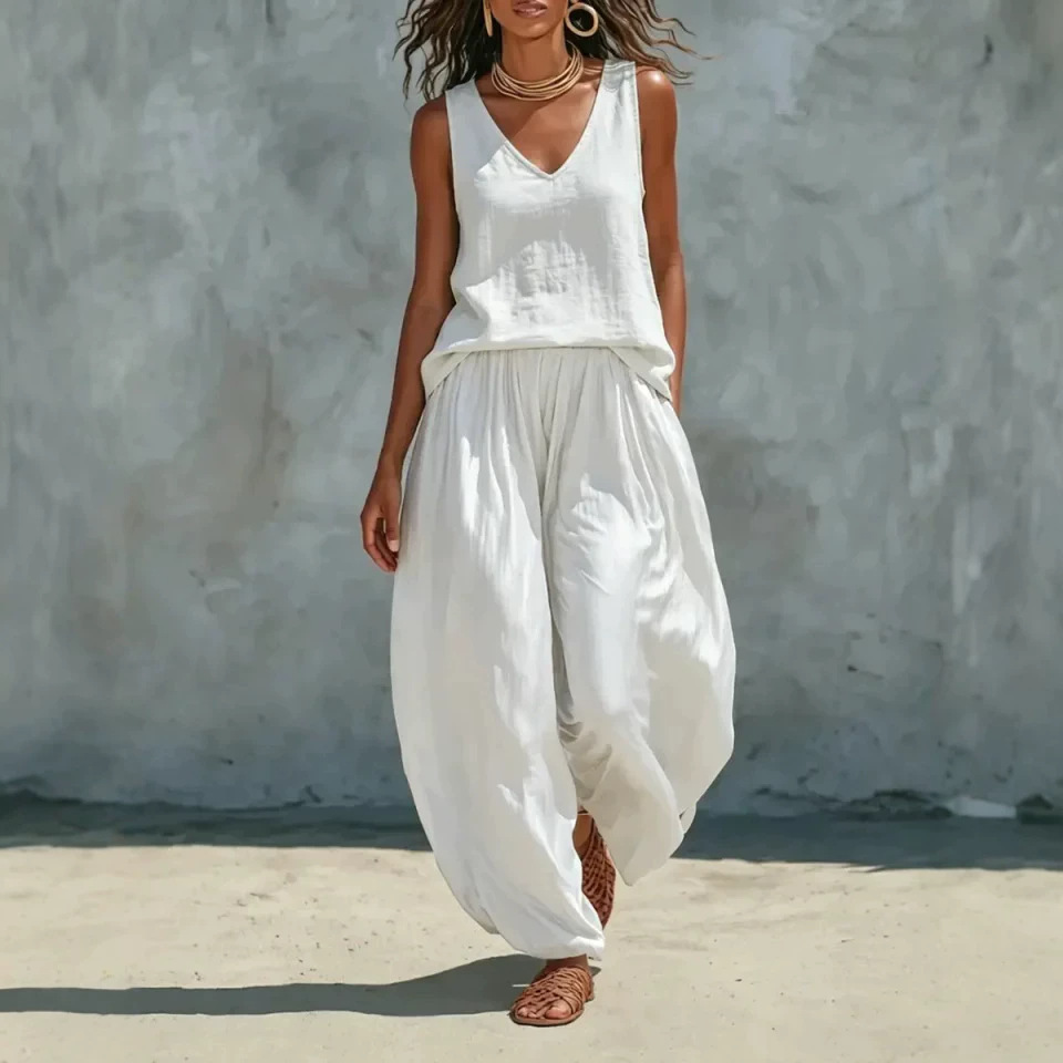 Women's Sleeveless Linen-Blend Shirt Set Casual Vacation Outfit