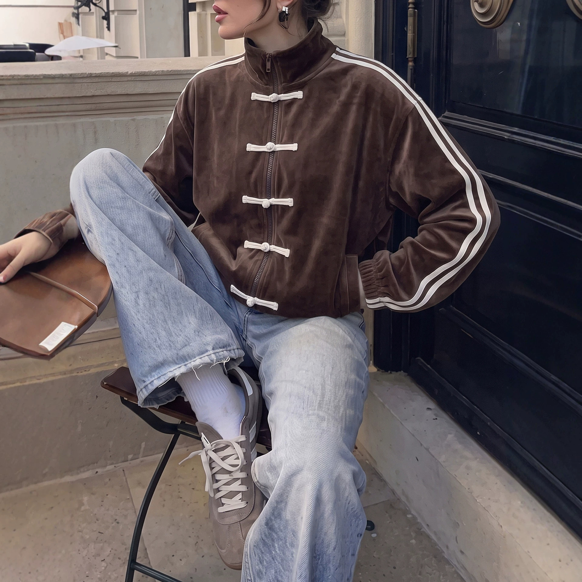 Women's New Chinese Style Frog Button Zip-Up Jacket with Stand Collar and Side Stripes
