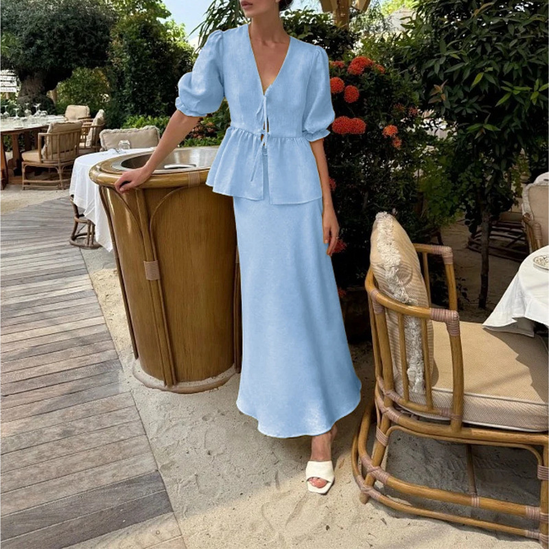 Elegant Tie-Front Solid Color Shirt and Long Skirt Two-Piece Set