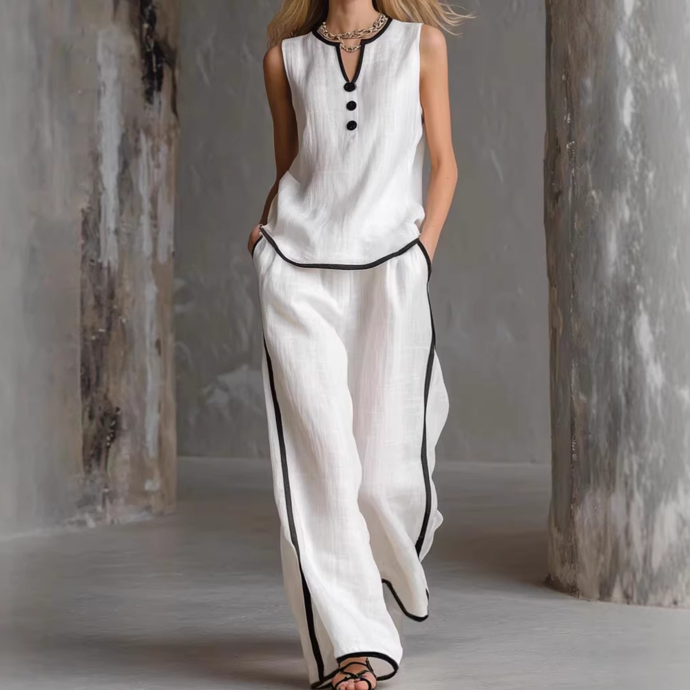 Sleeveless V-Neck Colorblock T-Shirt and Pants Set