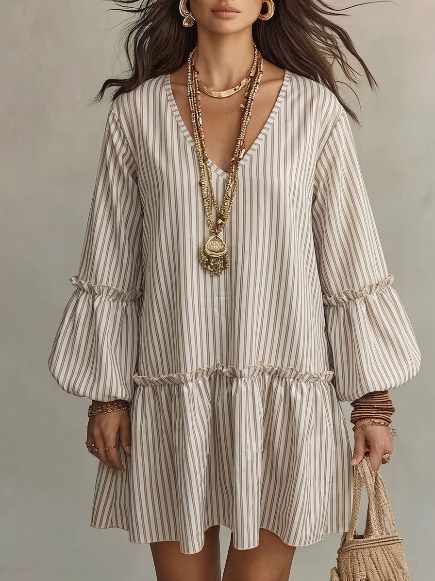 Women's Striped Print V-Neck Lantern Sleeve Loose Short Dress
