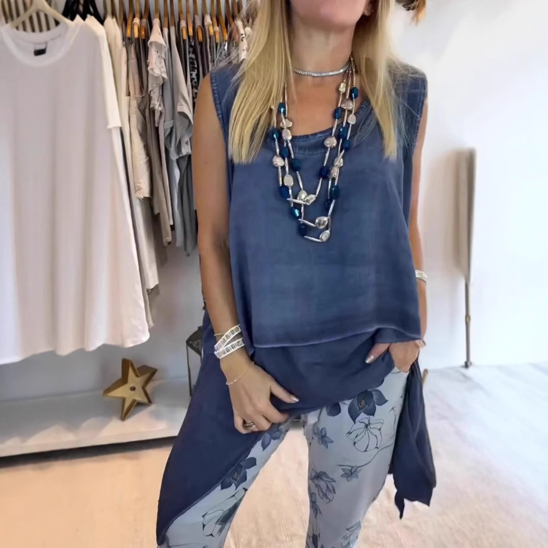 Solid Color Sleeveless Tank Top with Long Hem and Two-Piece Set