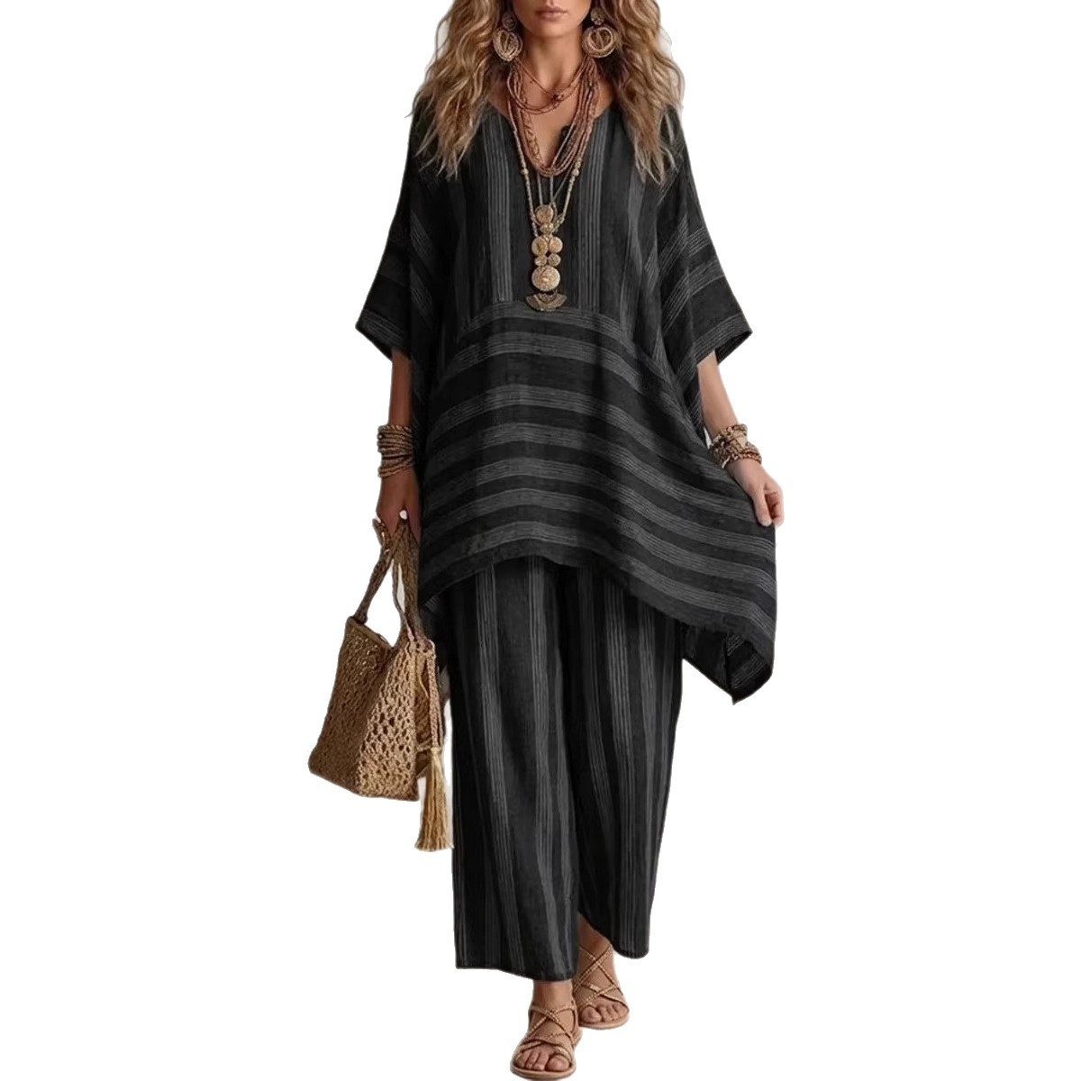 Women's V-Neck Striped Two-Piece Lounge Set