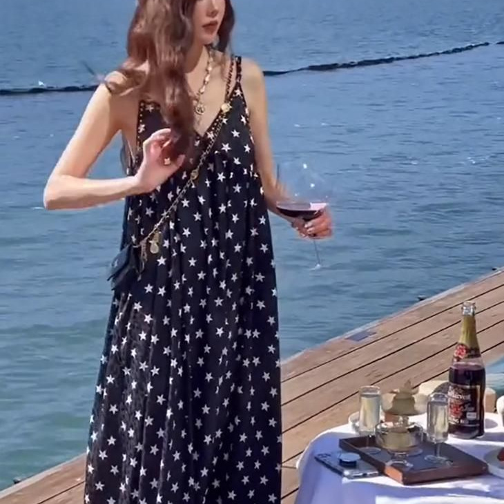 Women's Sleeveless V-Neck A-Line Midi Dress with Polka Dot Print
