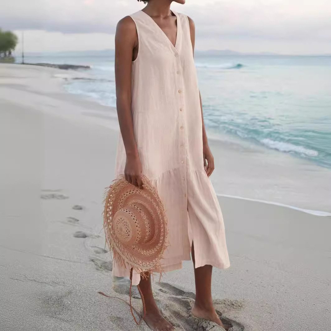 Solid Cotton V-Neck Sleeveless Maxi Dress with Loose Waist