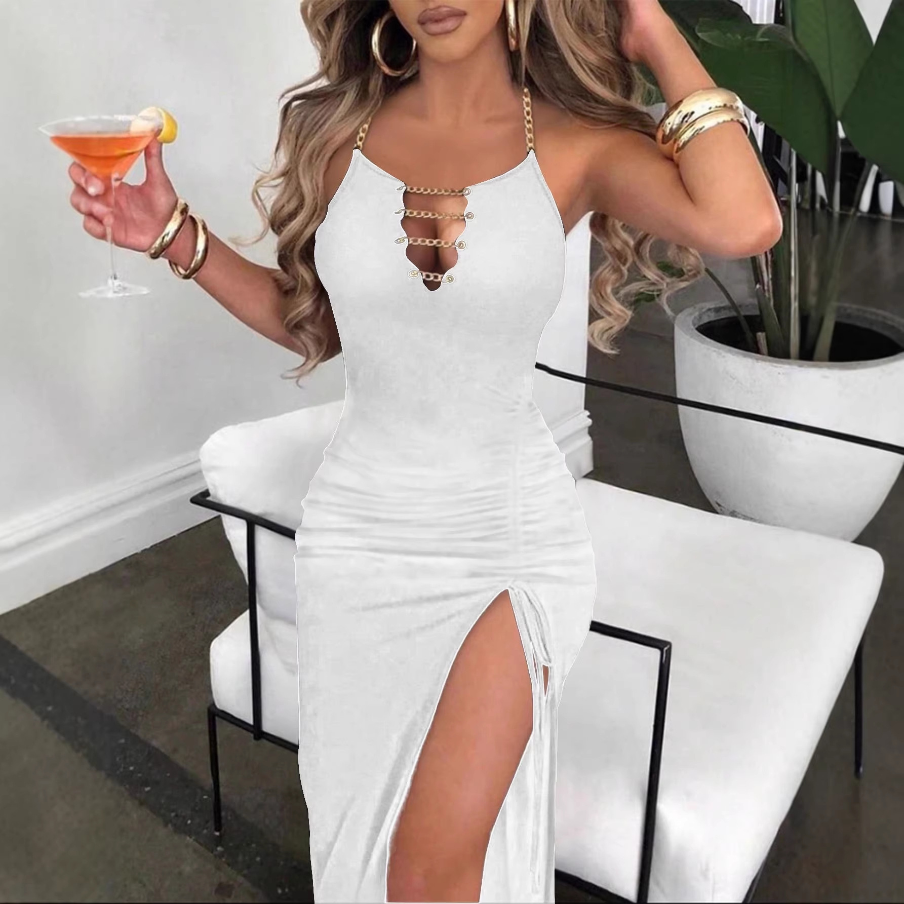 Sexy Halter Chain Slit Bodycon Mini Dress