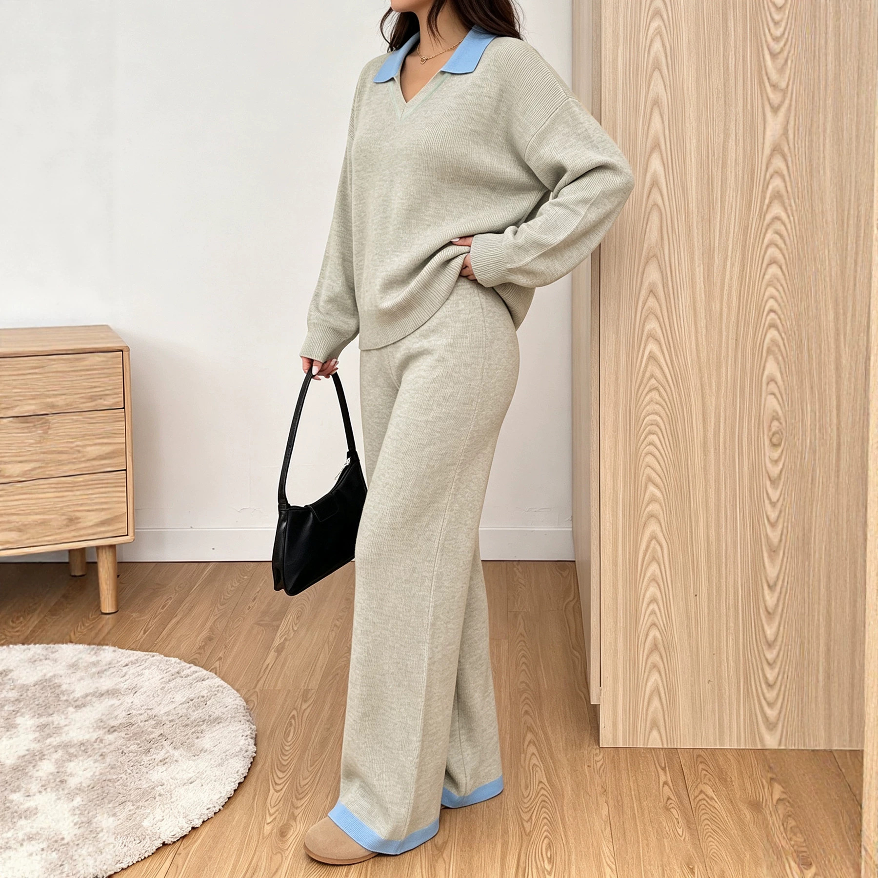 Women's Color-Block Collared Long-Sleeve Sweater and Knit Pants Set