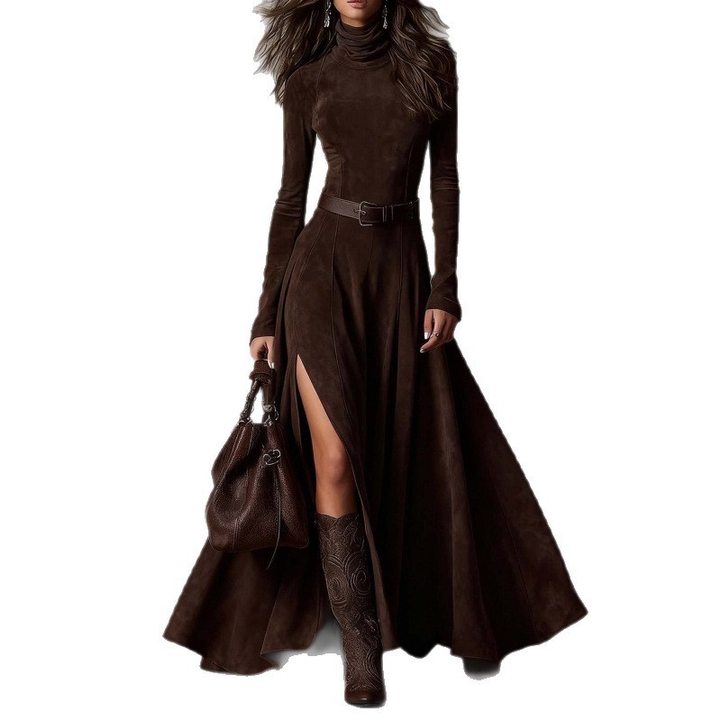Elegant Long Sleeve High Waist Midi Dress for Fall Winter Commute