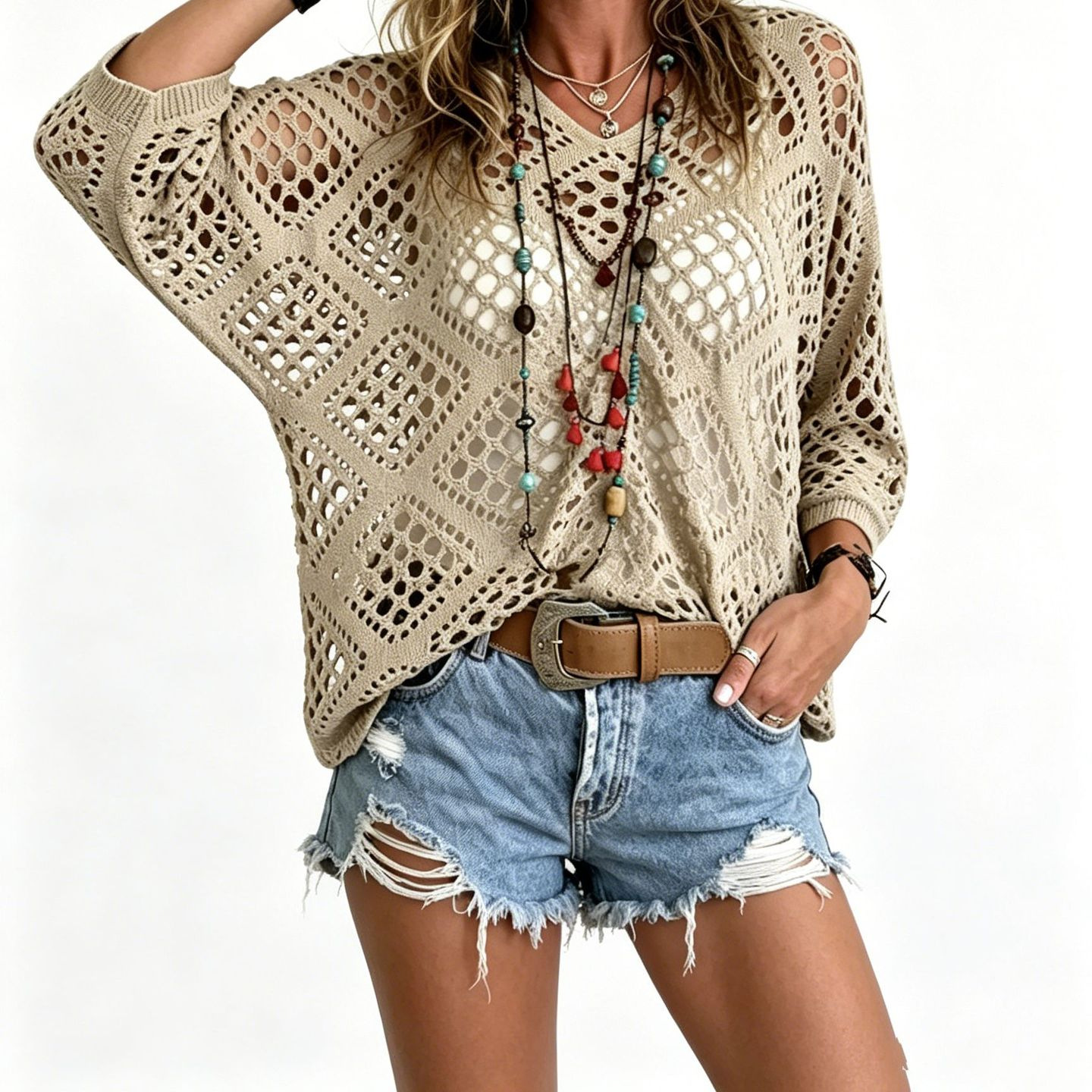 V-Neck Diamond Openwork Batwing Sleeve Women's Knit Top