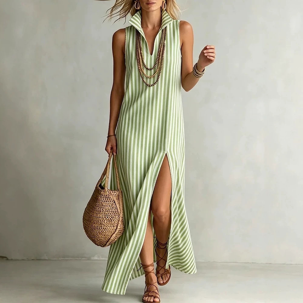 Striped Tie-Neck Sleeveless Slit Midi Dress Casual Loose Fit