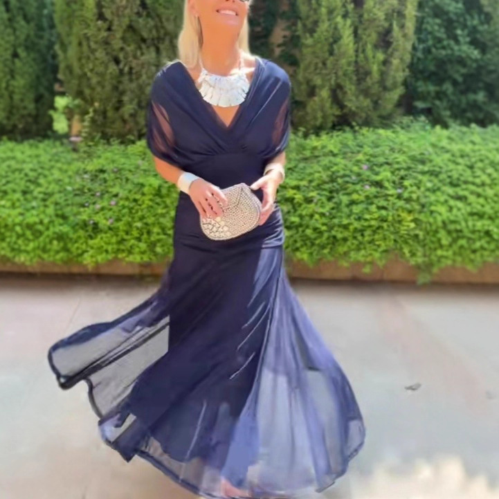 Elegant Solid Deep V-Neck Waist-Cinched Mesh Dress