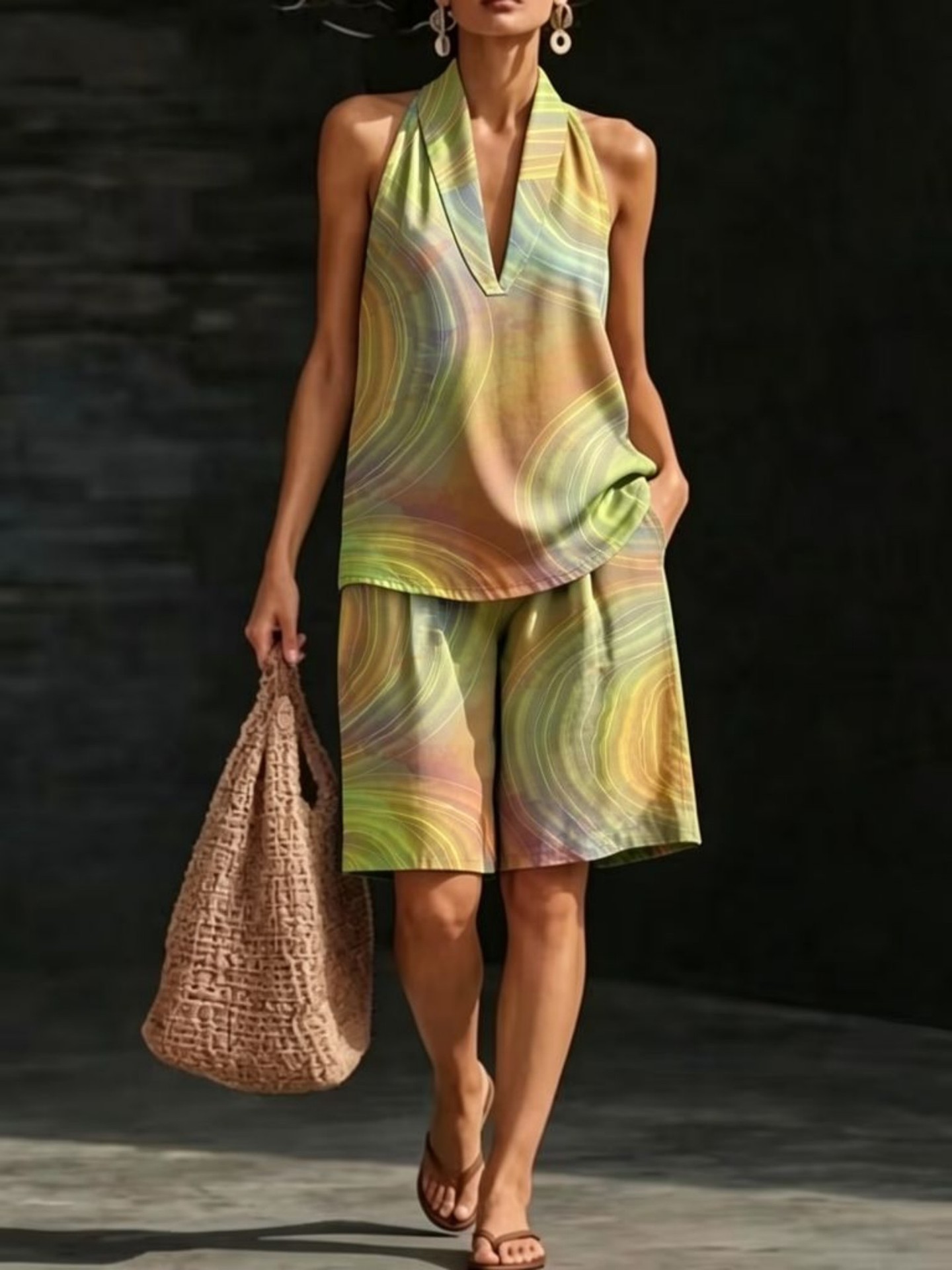 Retro Floral Print Sleeveless Halter Vest Set for Women