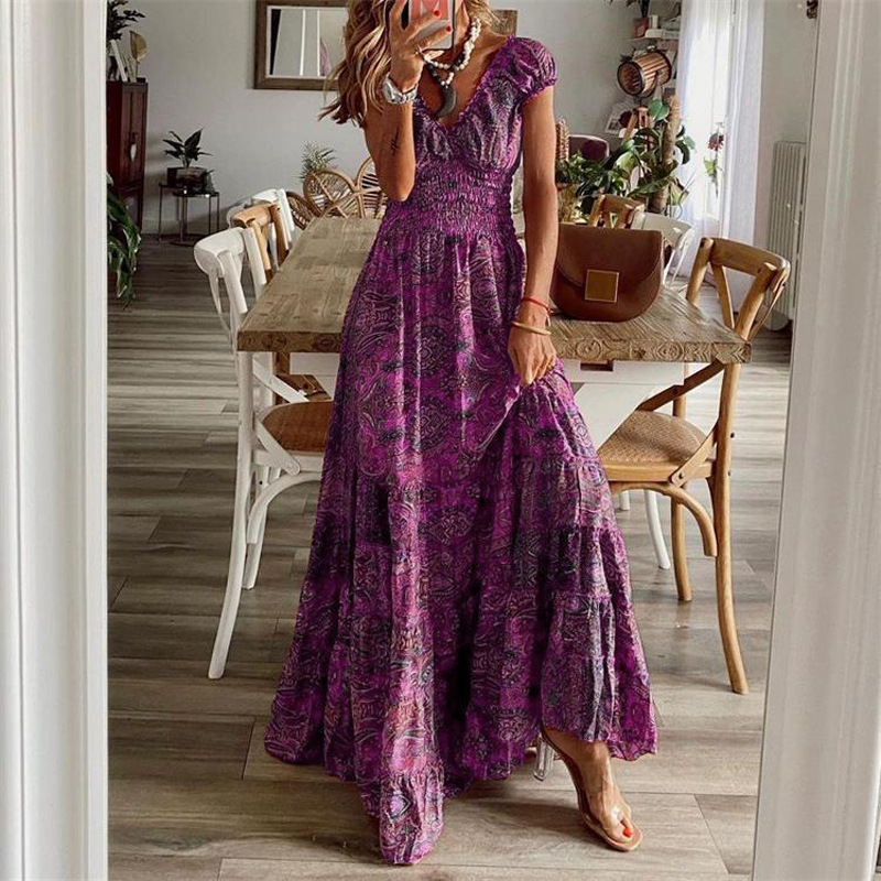 Bohemian V-Neck Floral Print High-Waist Maxi Dress