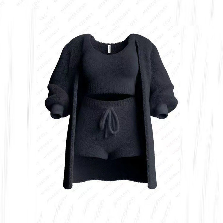 Knit Plush Long-Sleeve Cardigan, Vest & Shorts 4-Piece and 3-Piece Set