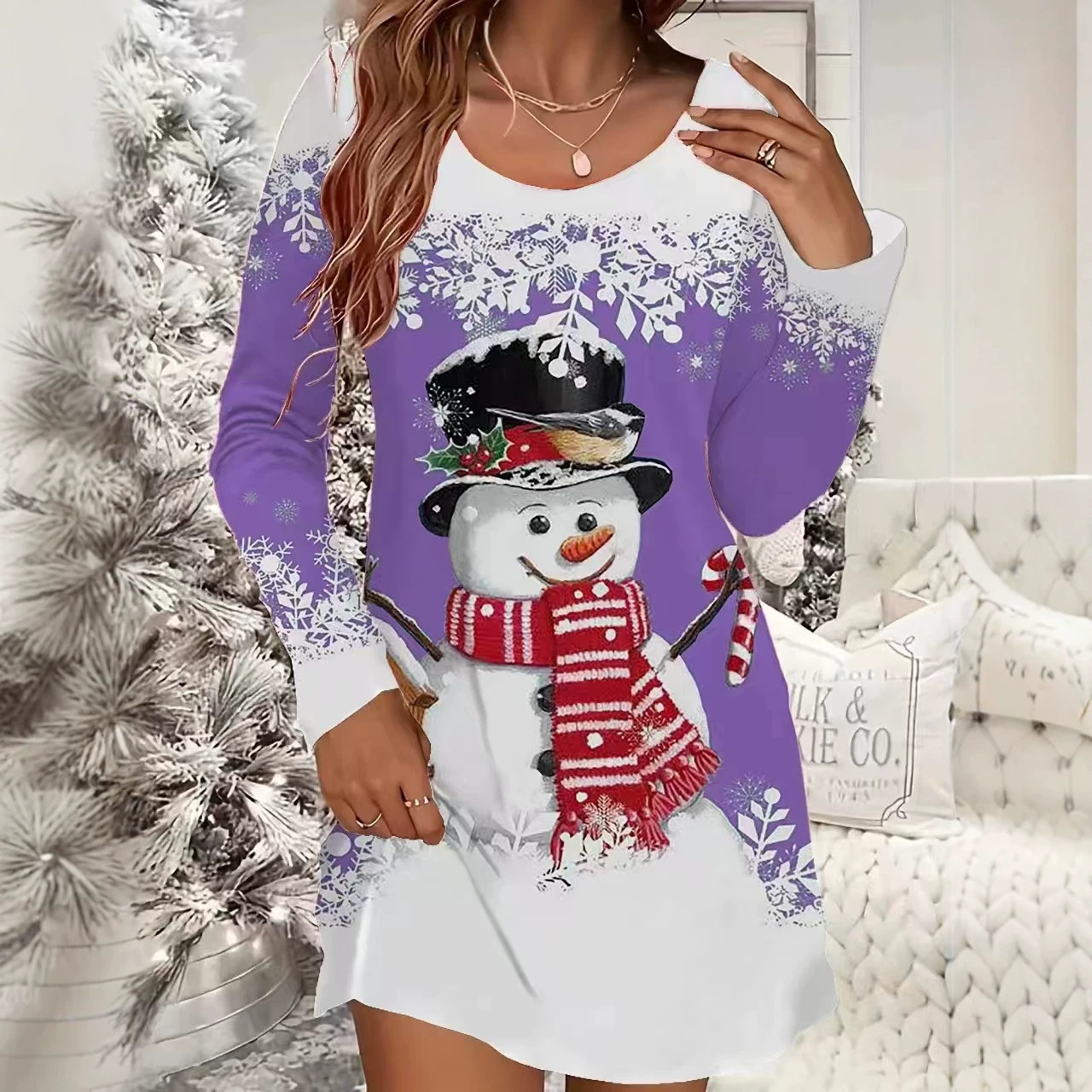 Christmas Snowflake & Tree Print Long Sleeve Crew Neck Dress