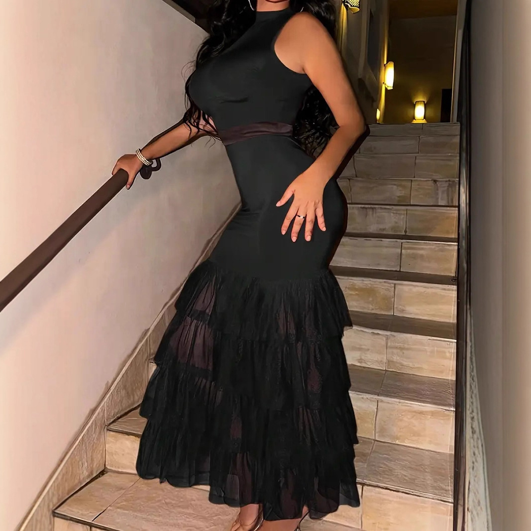 Sexy Elegant Black Sleeveless Fringe Panel Knit Bodycon Midi Dress