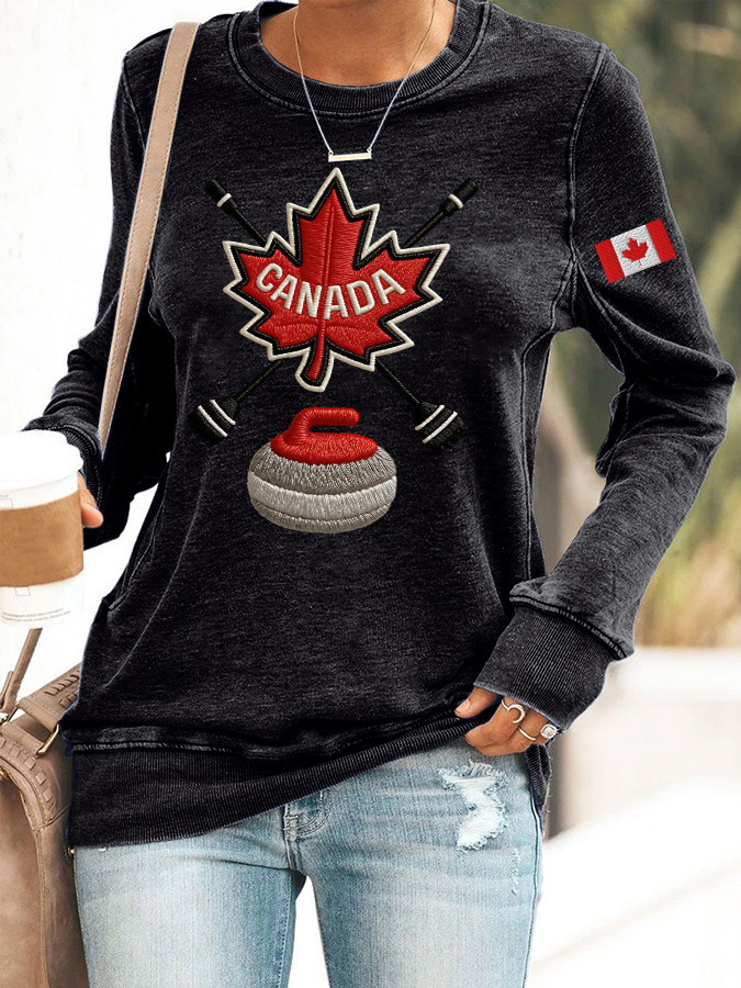 Canada Maple Leaf Curling Print Crewneck Sweatshirt