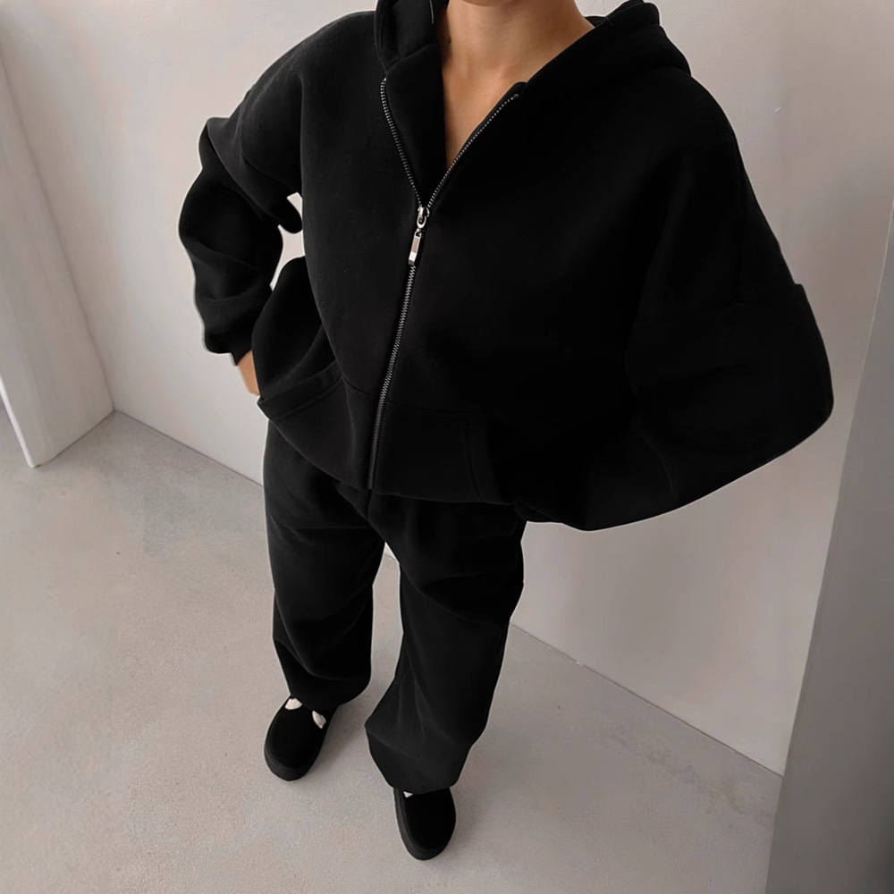Women's Solid Color Hooded Cardigan Sweatshirt and Pants Set with Pockets