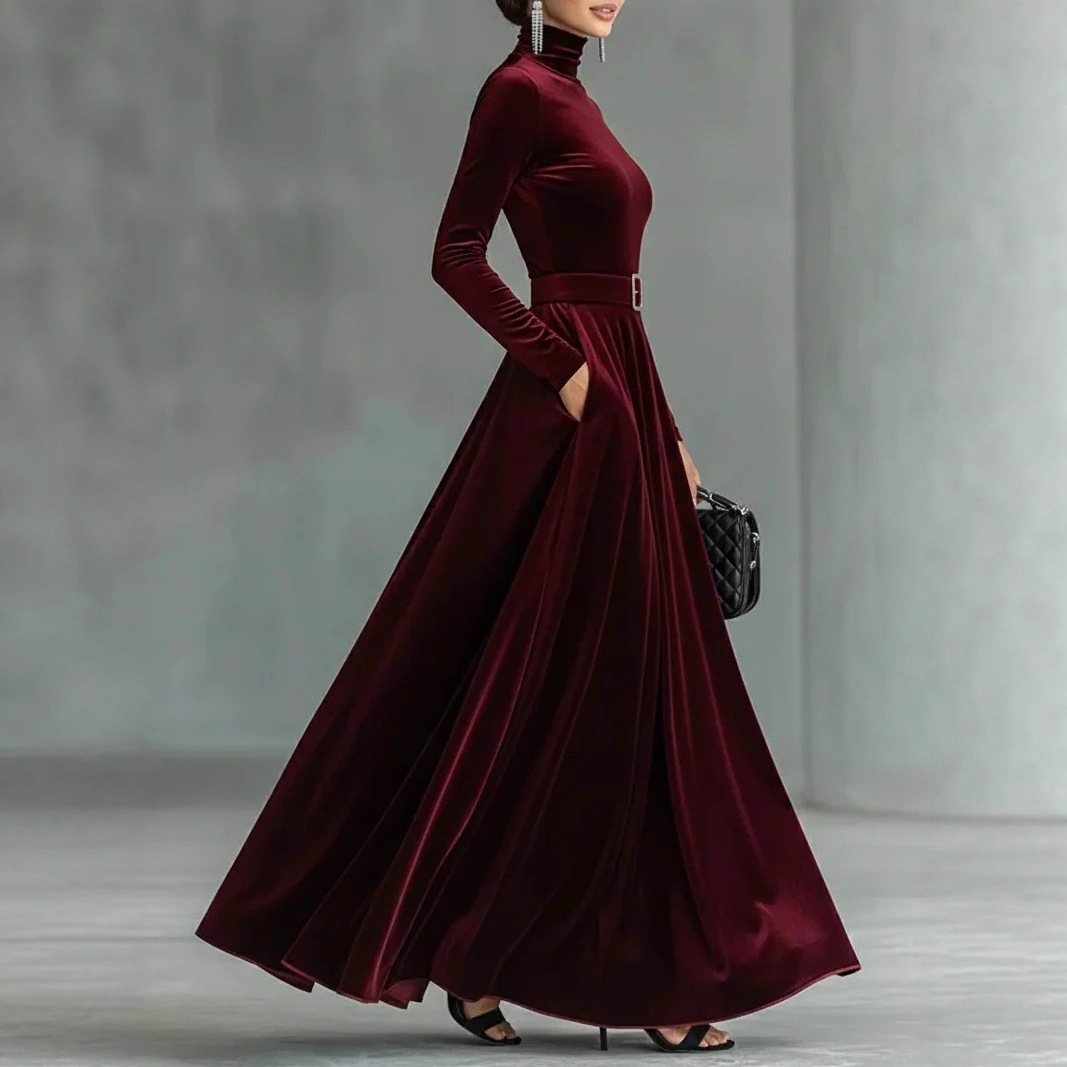 High Neck Velvet Bodycon Midi Dress Long Sleeve Party Cocktail