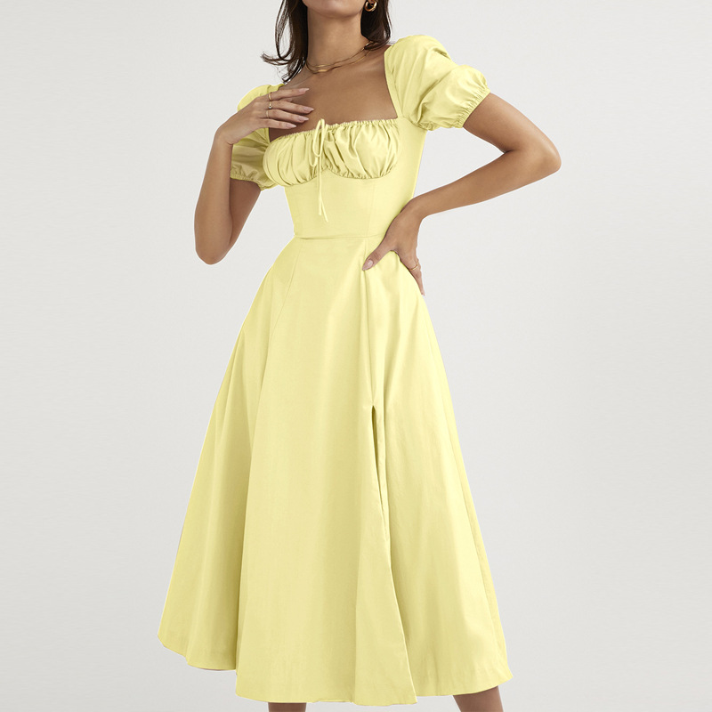 Elegant Solid Color Puff Sleeve Slit Dress for Commuting