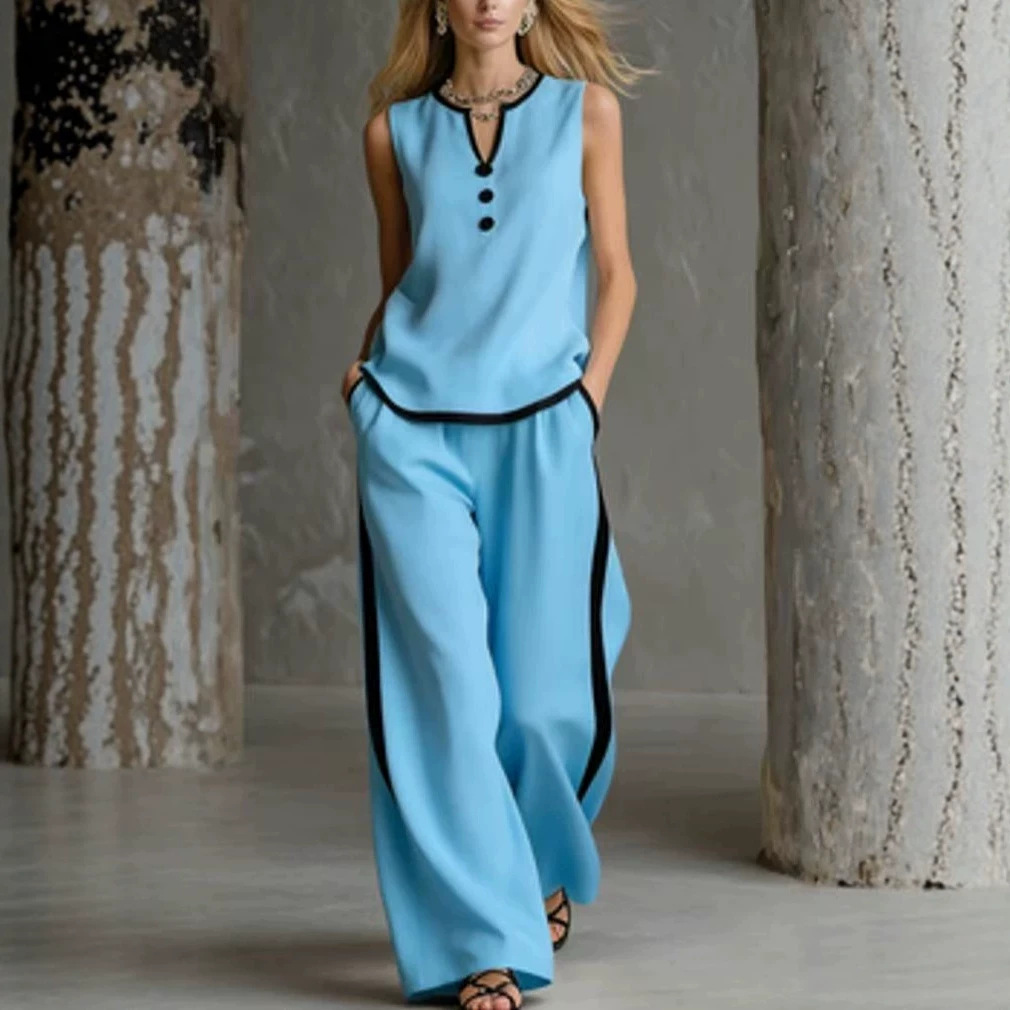 Sleeveless V-Neck Colorblock Wide-Leg Pant Set