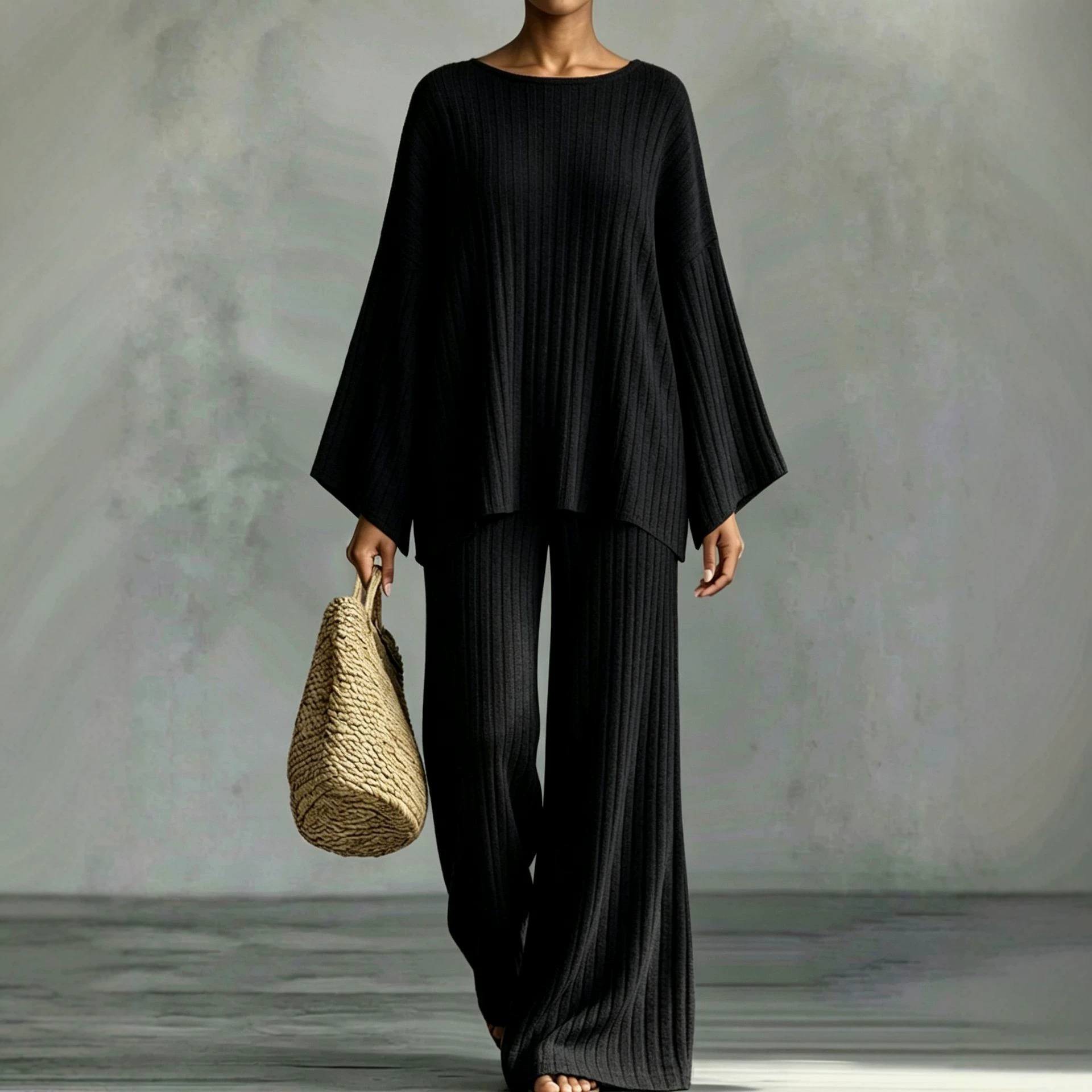 Women's Ribbed Brushed Long Sleeve Top and Pants Set Casual Loungewear