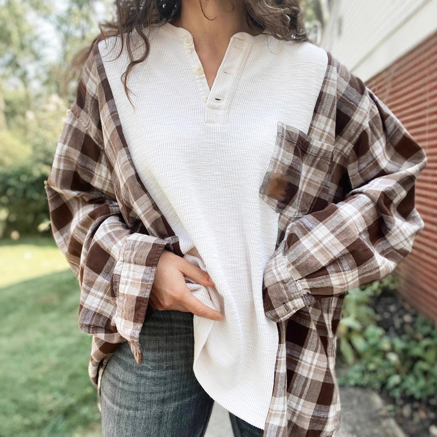 Women's Half-Open Collar Long-Sleeve Plaid Panel Knit Sweater with Pockets