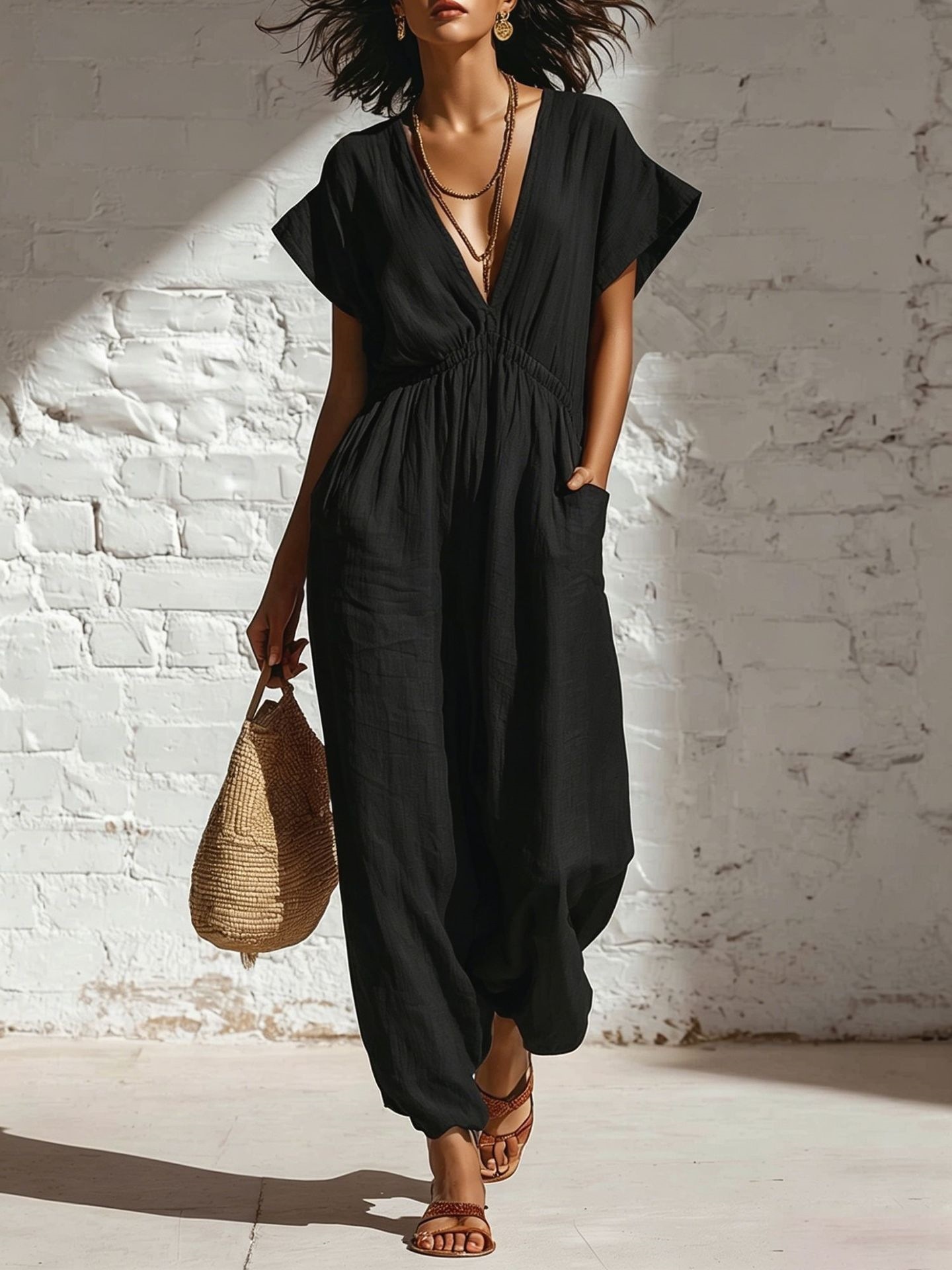 Women's Summer Deep V-Neck Wide-Leg Jumpsuit with Waist Tie Streetwear