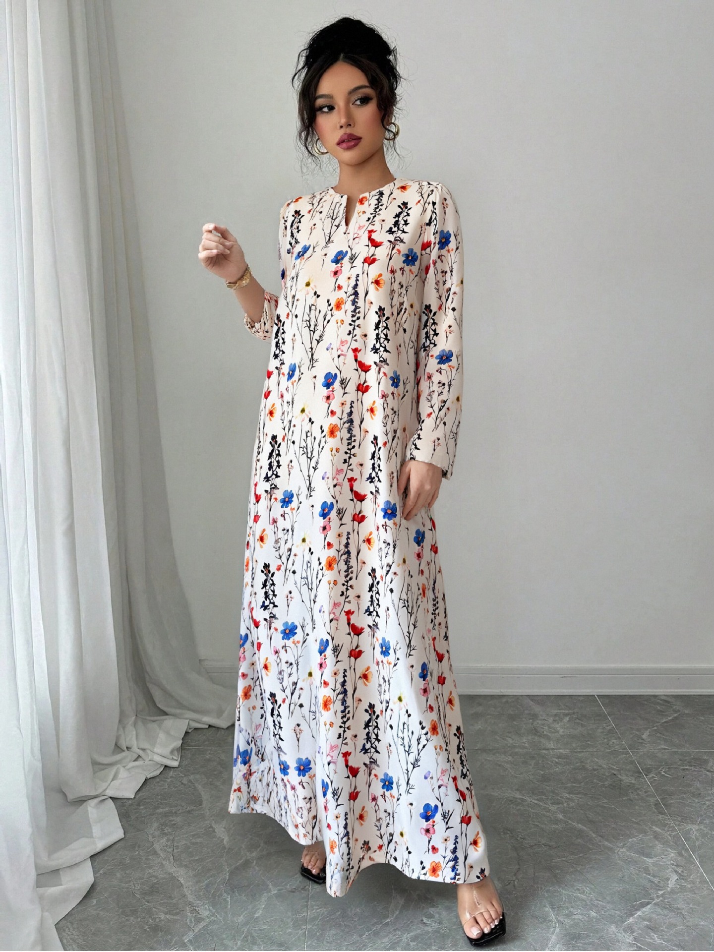 High-Saturation Colorblock Print Long Dress Loose Flattering A-Line V-Neck