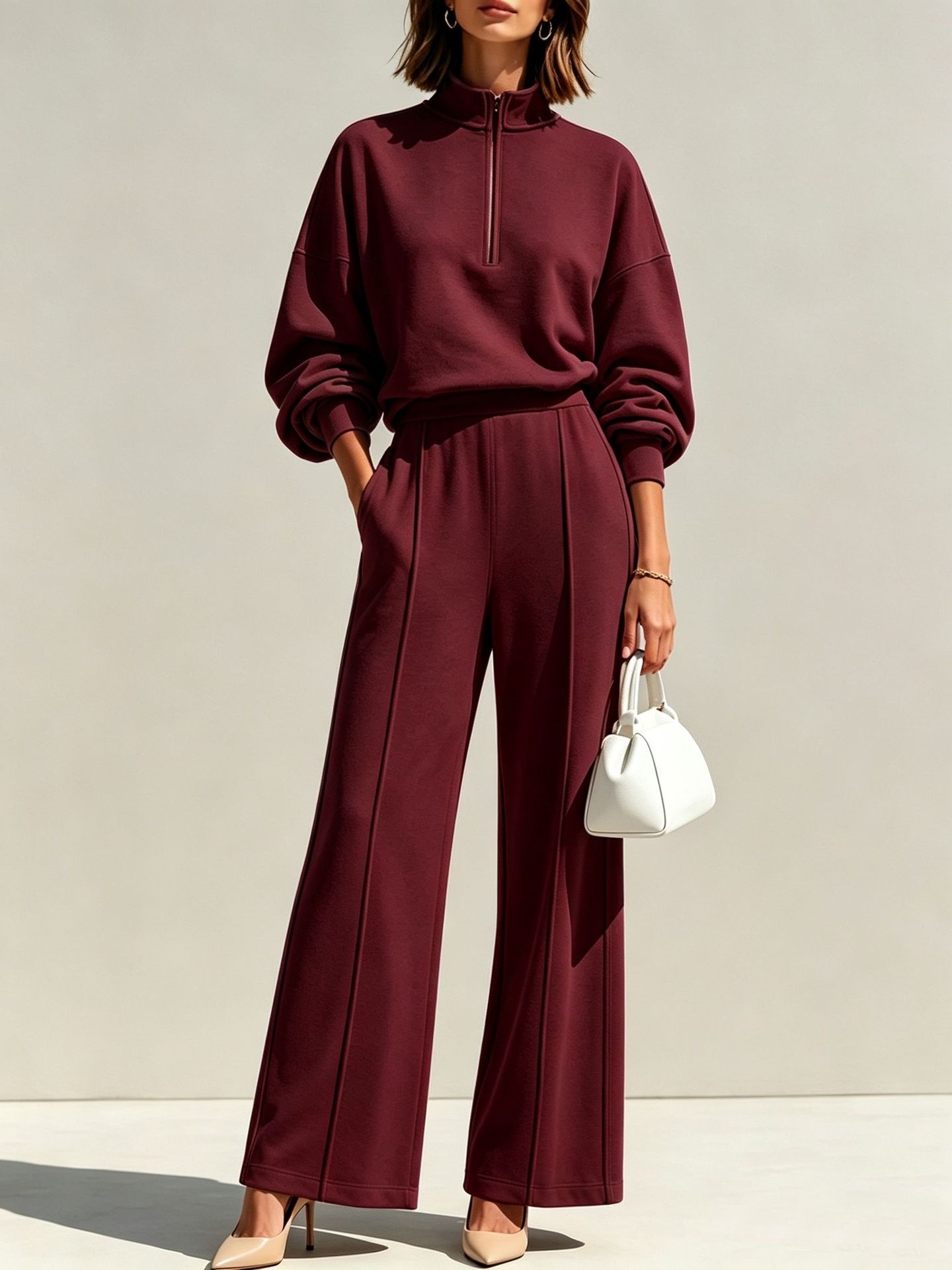 Women's Two-Piece Half-Zip Stand Collar Sweatshirt and High-Waist Wide-Leg Pants Set