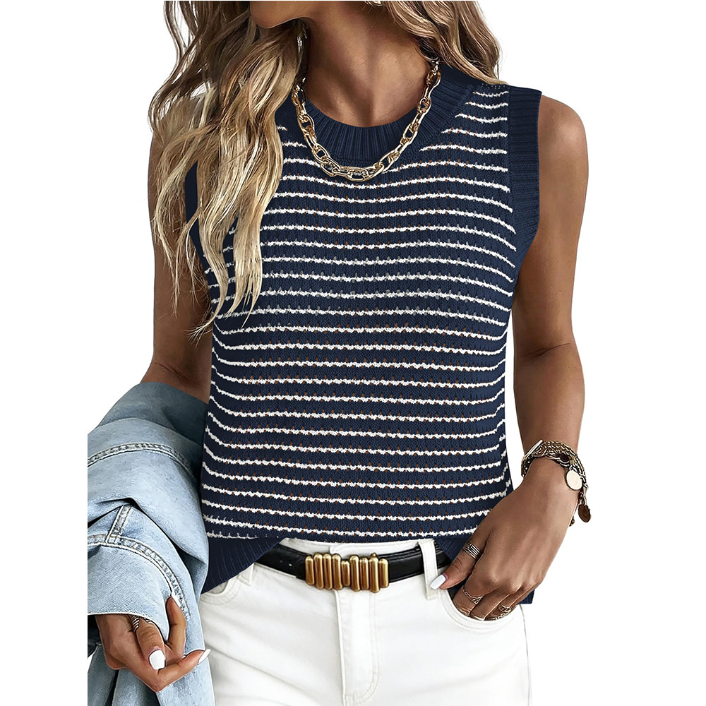 Women's Sleeveless Striped Knit Tank Top Crew Neck Hollow Out Sweater Vest