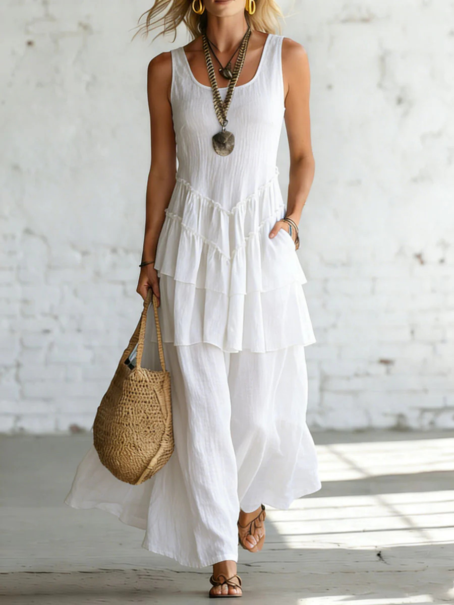 Women's Sleeveless Cotton Linen Dress with Flared Skirt