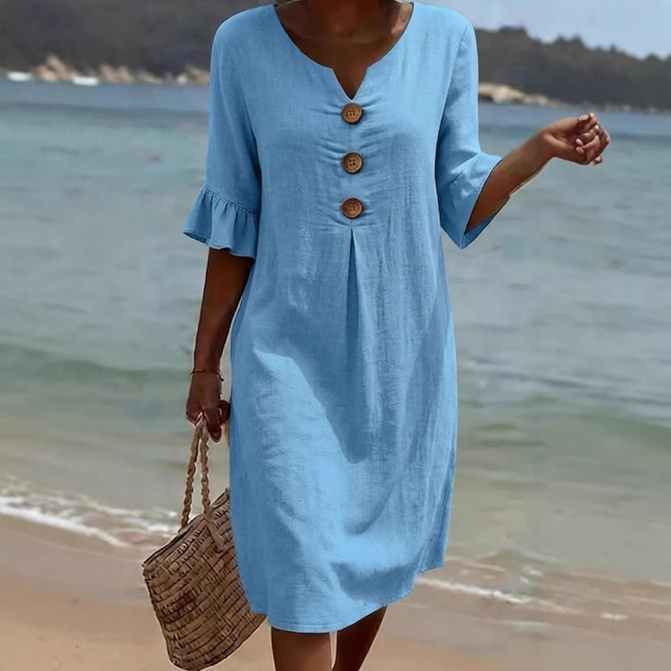 Cotton Linen V-Neck Button Ruffle Sleeve Midi Dress