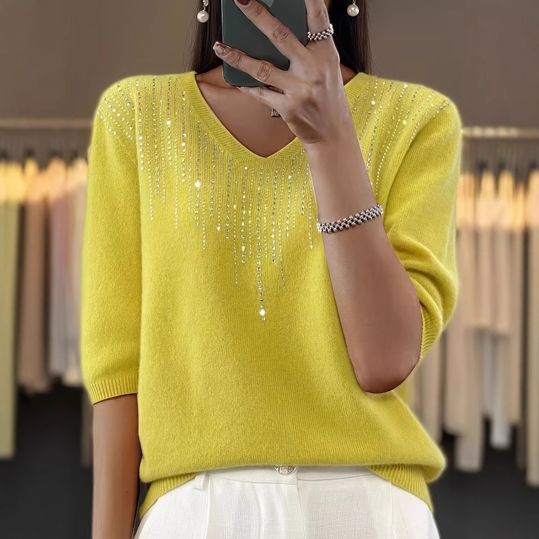 V-Neck Rhinestone Knit Short Sleeve Top