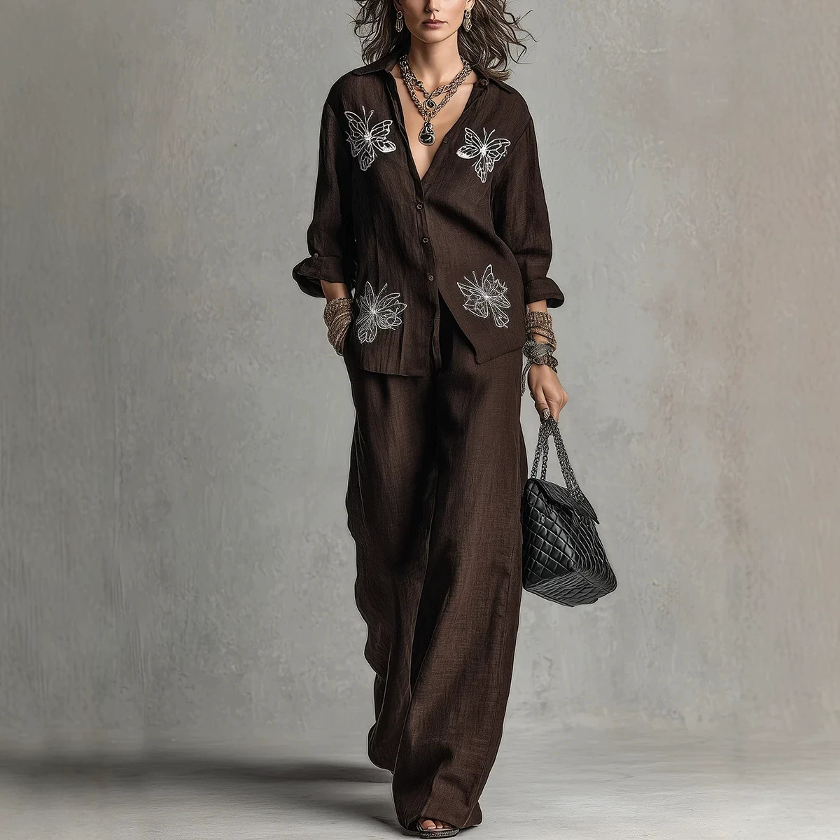 Butterfly Print Shirt & Wide-Leg Pants Two-Piece Set