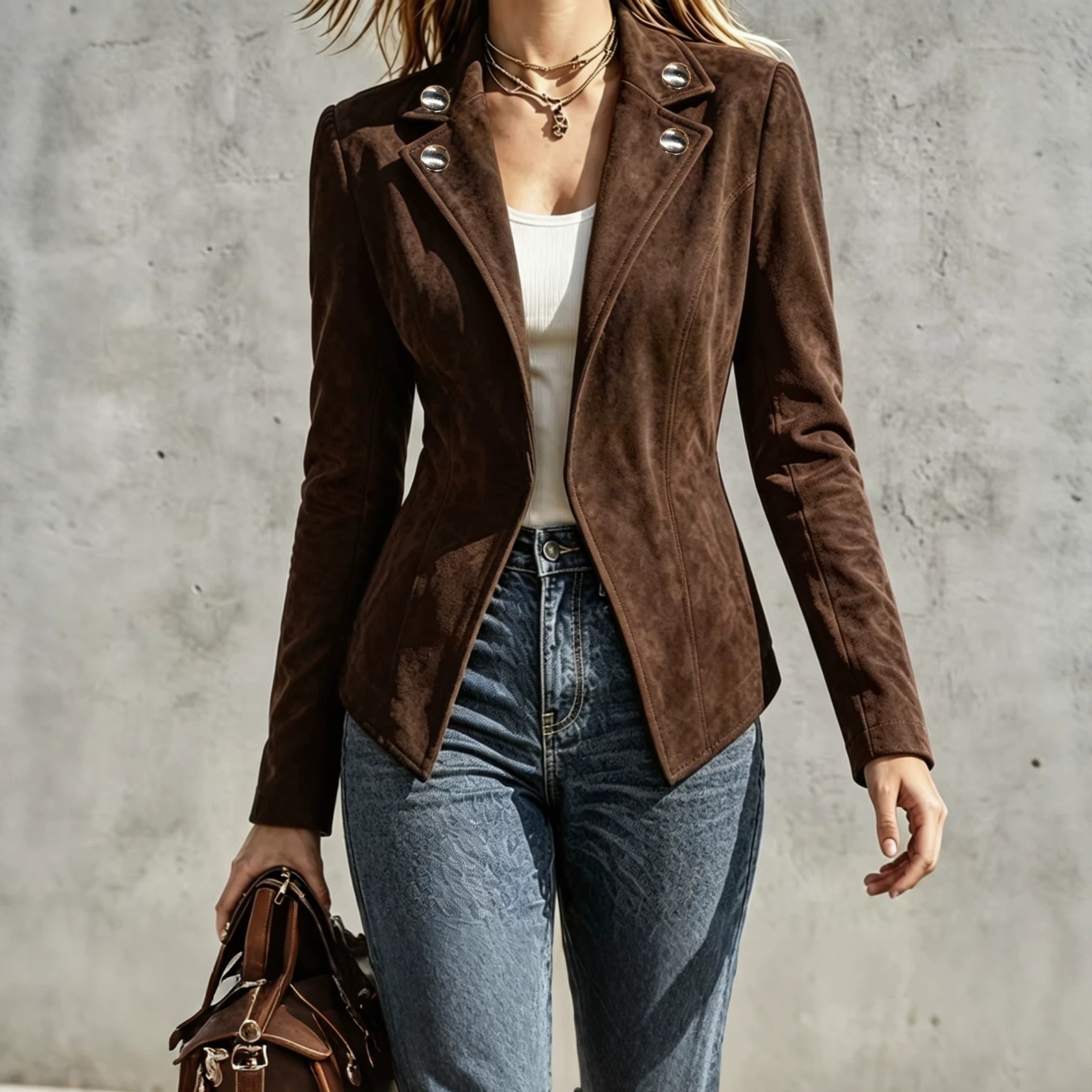 Women's Retro Faux Suede Slim Fit Button Lapel Long Sleeve Jacket