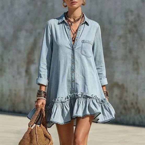 Retro Button-Front Shirt Dress with Ruffle Hem, Loose Fit, Long Sleeve, Short Length