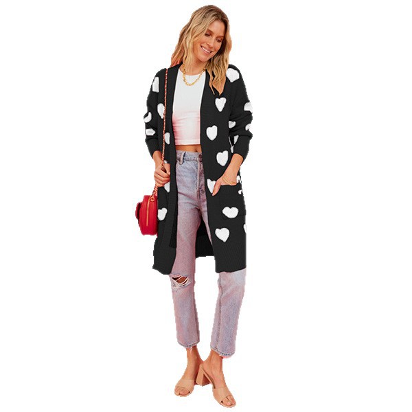Heart Jacquard V-Neck Midi Cardigan Sweater Coat with Pockets