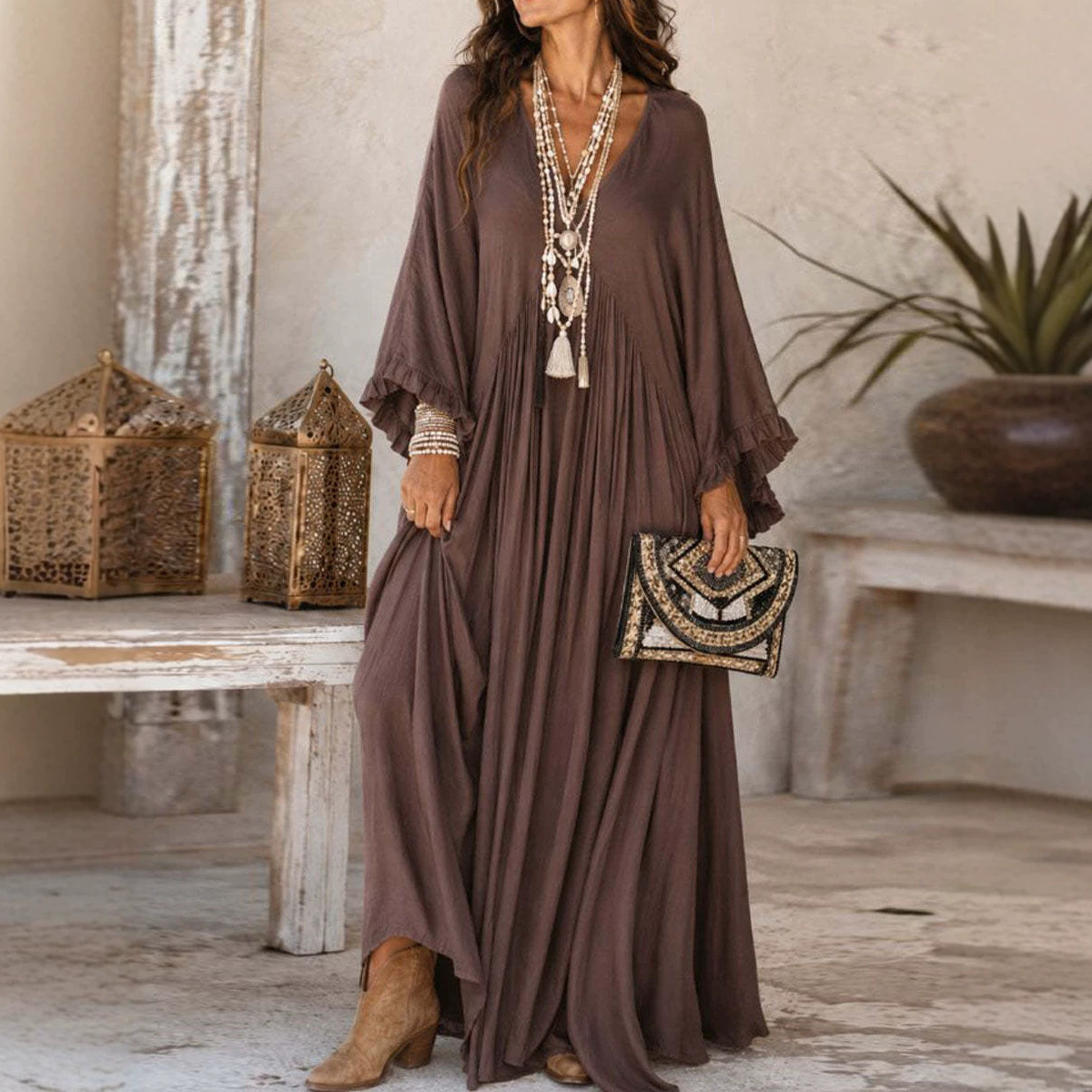 Women's Elegant V-Neck Ruffle Long Sleeve Loose Plus Size Casual Vacation Dress