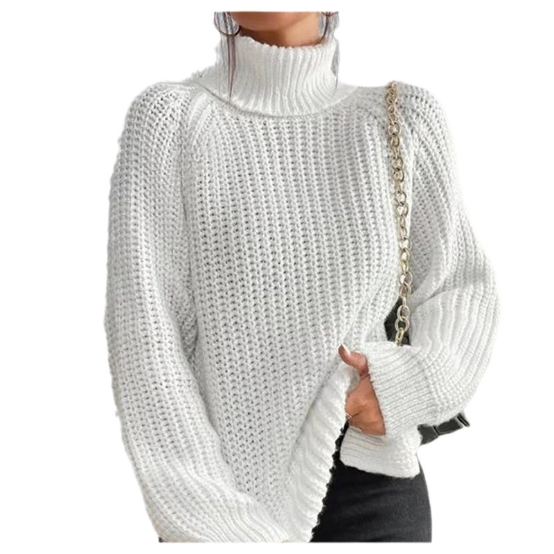 Women's High Neck Midi Knit Sweater with Raglan Sleeves and Side Slit