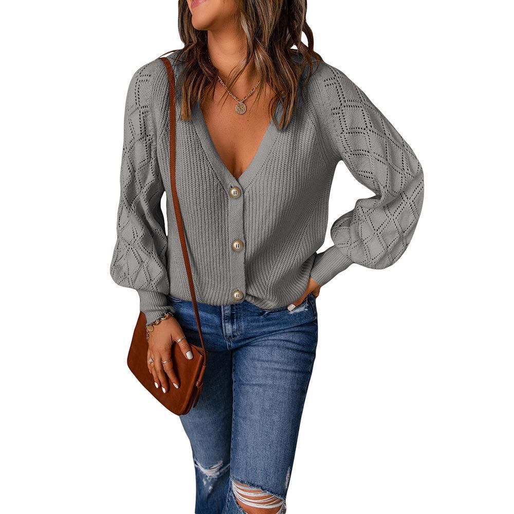 Women's Solid Quilted Puff Sleeve Knit Cardigan Loose Single-Breasted Open-Front Sweater