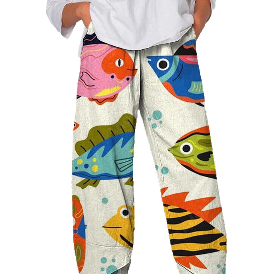 Women's Striped Fish Print Jogger Pants Casual Tapered-Leg