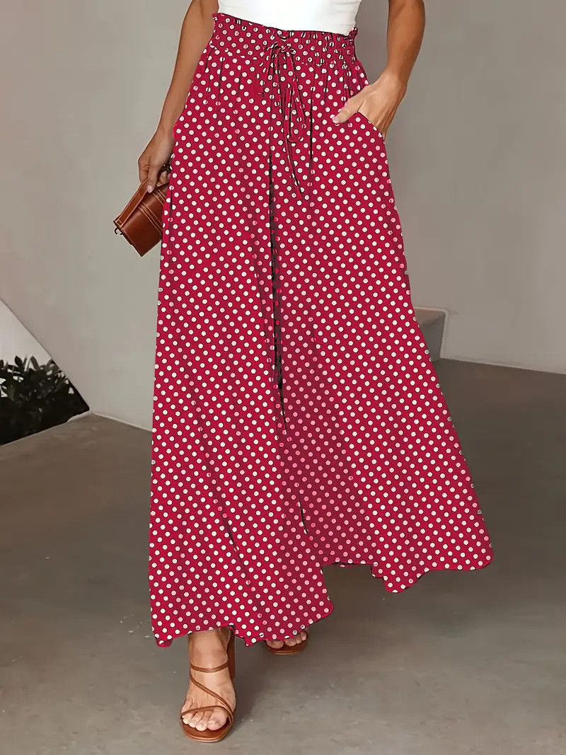 Boho Wide-Leg Polka Dot Print Elastic Waist Long Pants Skirt