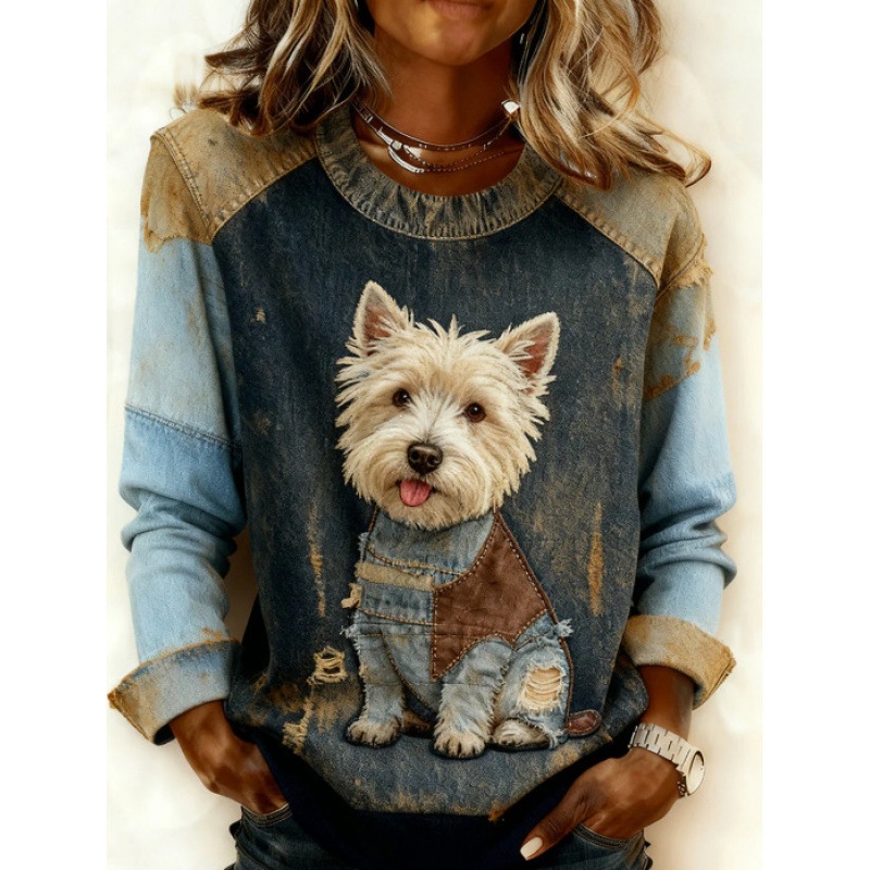 3D Print Colorblock Denim Collar Pullover Sweatshirt Women's Long Sleeve Loose Fit