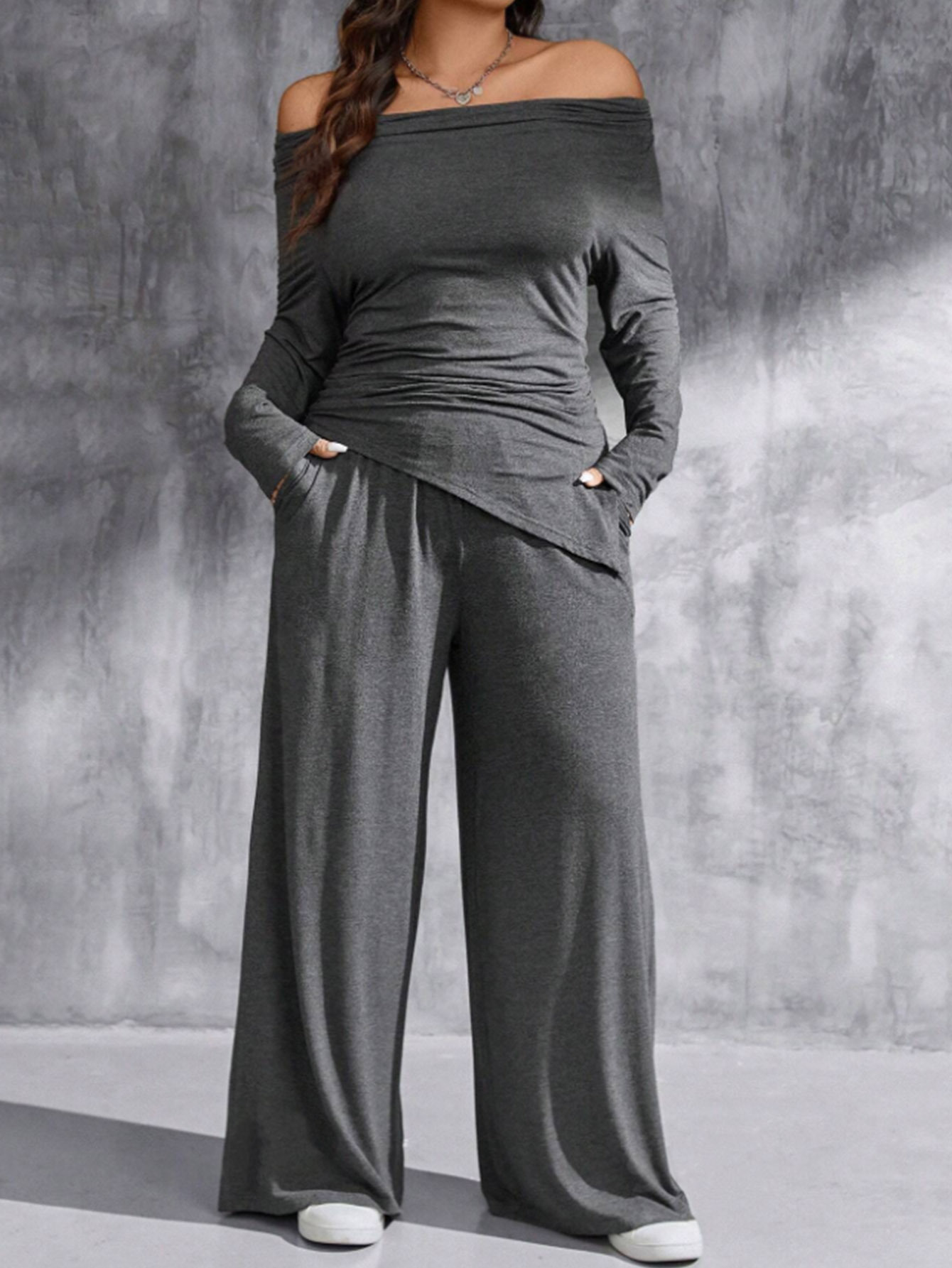 Off-Shoulder Ruched Top & Wide-Leg Pants Set Dark Gray