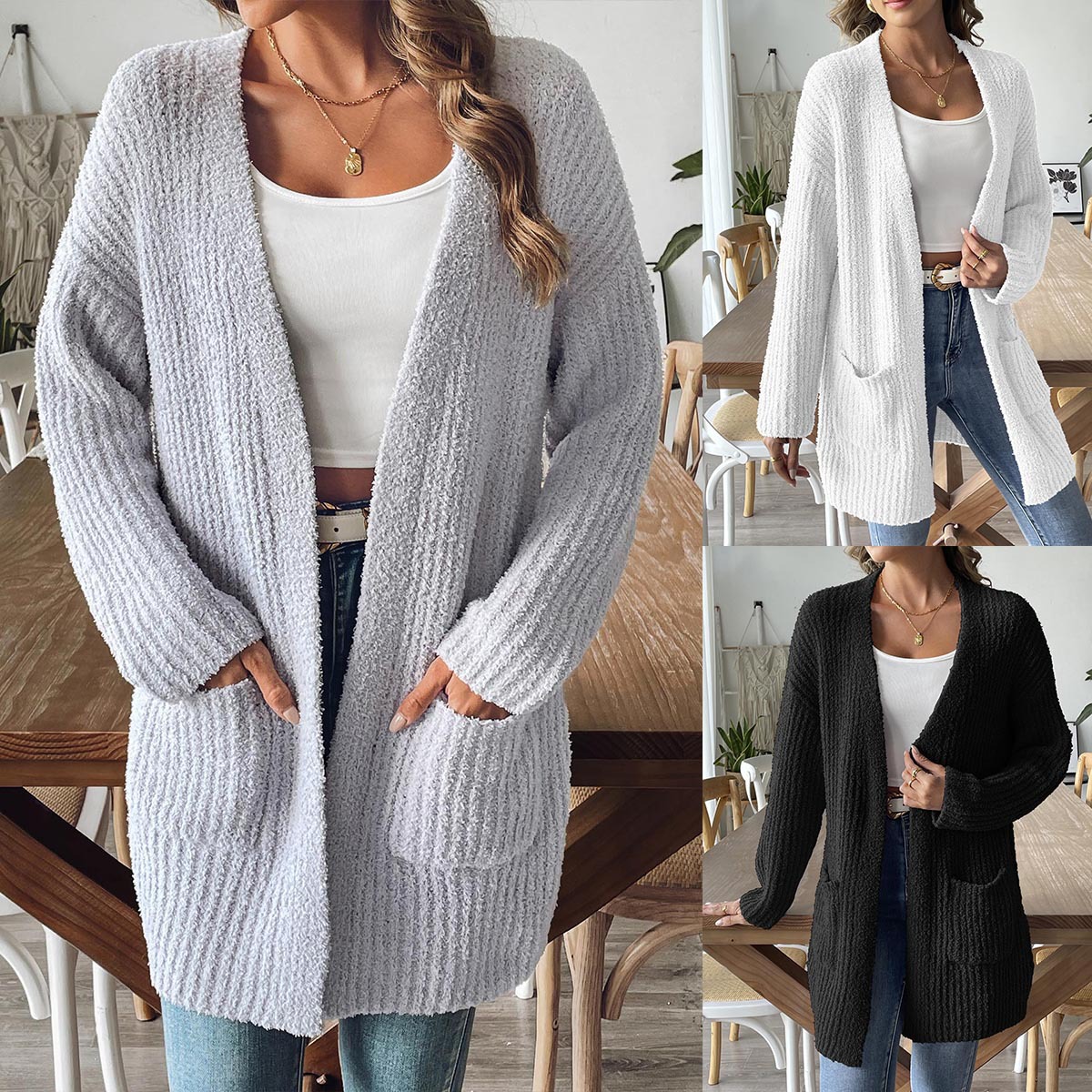 Women's Soft Knit Open-Front Cardigan Sweater with Pockets