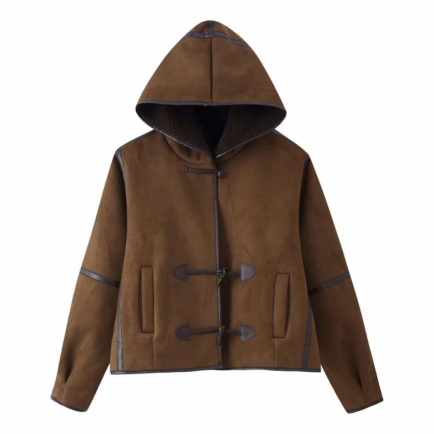 Faux Fur Hooded Horn Button Thickened Jacket Coat