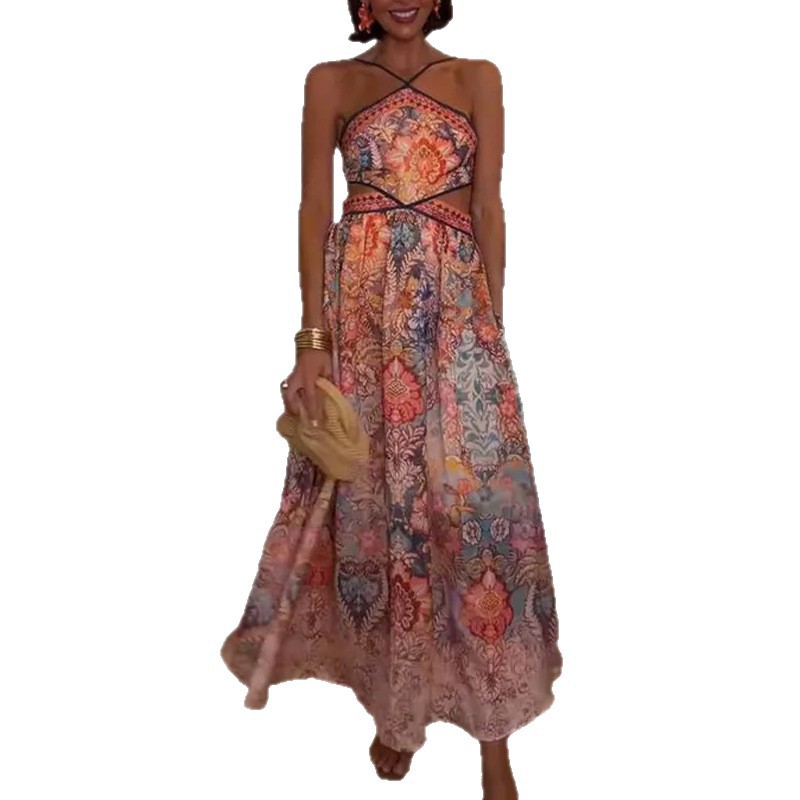 Women's Halter Neck Printed A-Line Maxi Dress